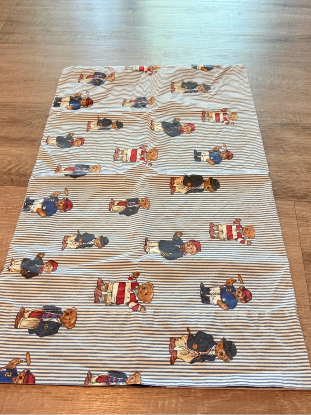 Vintage Ralph Lauren Polo Bear Full Flat Sheet 2 Pillowcases Blue Stripe USA 90s - Picture 4 of 11